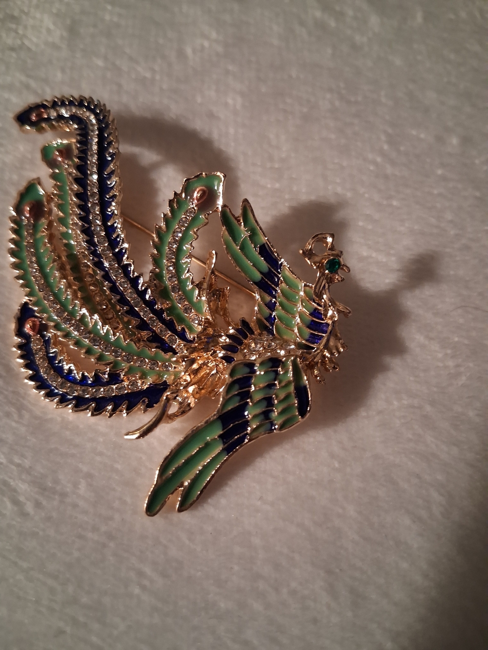 Gold-Tone Green & Blue Enamel Phoenix Brooch